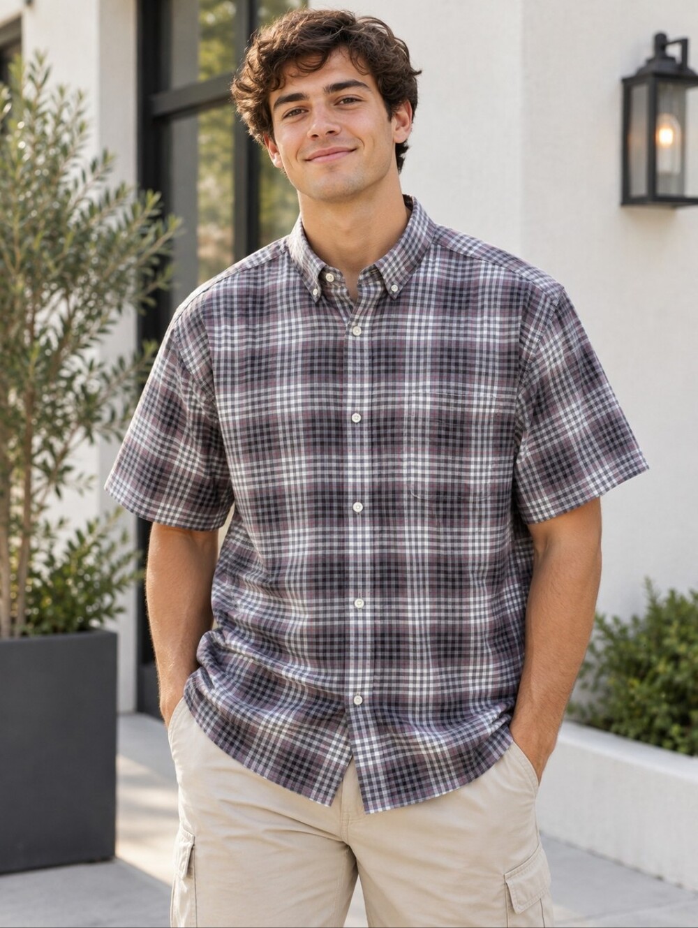 Denver Hayes men’s short sleeve plaid button-down shirt gray Dark Purple